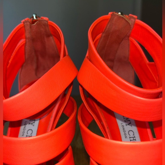 Jimmy Choo Dame Caged Sandals Leather Neon Orange High Heel Stilletos - Picture 6 of 10